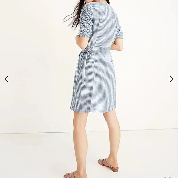 Madewell Gingham Shirred -Sleeve Wrap Dress in Blue & White Size XXS linen blend - Picture 4 of 15